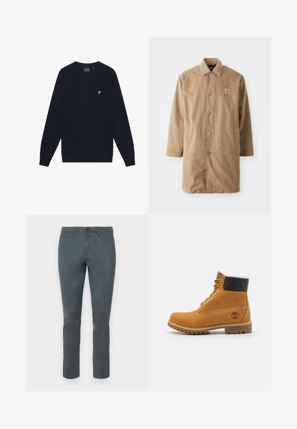 Beige lang frakke lavet af slidstærkt stof, med en corduroy krave, metal trykknapper og to sidelommer. Carhartt logo patch på brystet.; Mørkeblå langærmet crew neck sweater med et lille gult broderet ørnelogo på venstre bryst.; Grå bomuldsblandingsbukser med slim fit, knaplukning og to frontlommer. Glat tekstur og lige ben-design.; Brune læder ankelstøvle med metaløjer, hvid pelsforing, sort polstret krave, robust sål og præget logo på siden.