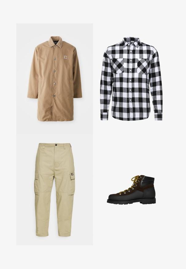 Abrigo largo beige hecho de un tejido duradero, con un cuello de pana, botones a presión de metal y dos bolsillos laterales. Parche del logo de Carhartt en el pecho.; Camisa de cuadros en blanco y negro con botones, que presenta mangas largas, dos bolsillos en el pecho y un collar estándar. Fabricada con una tela suave.; Pantalones cargo beige hechos de una tela duradera, con dos bolsillos laterales, cierre de botón y piernas ajustadas con una textura suave.; Bota de senderismo de ante marrón y cuero negro con cordones amarillos, ojales de metal y suela negra resistente. Diseño de corte medio para mayor soporte.