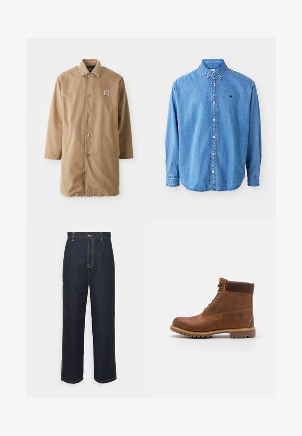 Abrigo largo beige hecho de un tejido duradero, con un cuello de pana, botones a presión de metal y dos bolsillos laterales. Parche del logo de Carhartt en el pecho.; Camisa de denim abotonada, de color azul claro, con cuello de punta, mangas largas y un pequeño logotipo en el pecho. Cuenta con botones blancos y costuras cosidas.; Jeans de mezclilla oscuros de pierna ancha con costuras amarillas, que cuentan con un cierre frontal de botón y bolsillos laterales. Textura suave y diseño tradicional.; Botas de senderismo de cuero marrón con un acabado suave, tobillo acolchado, ojales de metal y suela de goma con un patrón de tracción robusto.