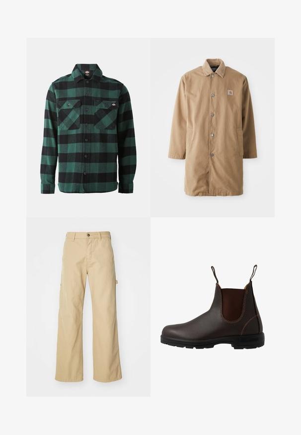 Abrigo largo beige hecho de un tejido duradero, con un cuello de pana, botones a presión de metal y dos bolsillos laterales. Parche del logo de Carhartt en el pecho.; Camisa de franela a cuadros verdes y negros, con mangas largas, cierre de botones en la parte frontal, dos bolsillos en el pecho y cuello clásico. Textura suave, diseño versátil.; Pantalones cargo de pierna ancha en color beige con cierre de botón, que cuentan con bolsillos laterales, fabricados en resistente tejido de algodón, con textura suave y diseño de corte recto.; Bota Chelsea de cuero marrón con panel elástico lateral, costuras marrones, tiradores y suela de goma resistente con un patrón texturizado.