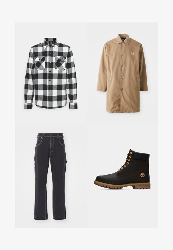 Abrigo largo beige hecho de un tejido duradero, con un cuello de pana, botones a presión de metal y dos bolsillos laterales. Parche del logo de Carhartt en el pecho.; Camisa de franela en blanco y negro con un patrón de cuadros, que cuenta con dos bolsillos en el pecho, cierre frontal con botones y un cuello. Tela suave y texturizada.; Pantalones cargo de mezclilla negra con diseño de pierna recta, costuras visibles, múltiples bolsillos y detalle de bucle lateral para accesorios.; Bota de cuero negro de tobillo con ojales dorados, acentos marrones y suela de goma. Presenta un cuello acolchado y un logotipo en relieve en el costado.