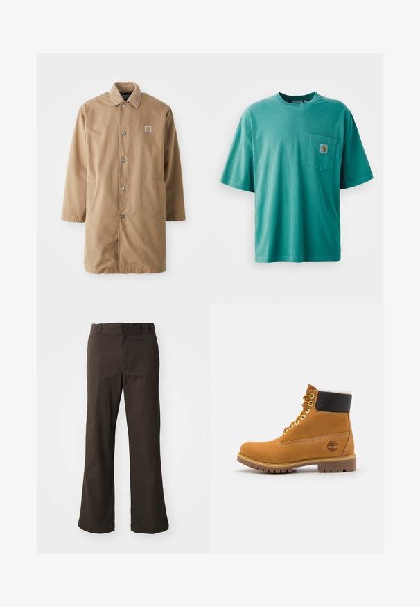 Abrigo largo beige hecho de un tejido duradero, con un cuello de pana, botones a presión de metal y dos bolsillos laterales. Parche del logo de Carhartt en el pecho.; Camiseta de algodón verde con cuello redondo, mangas cortas y un bolsillo frontal con un parche de logo. Textura suave y ajuste relajado.; Pantalones marrones acampanados con una textura suave, que cuentan con un cierre delantero con botón y bolsillos laterales. Diseño sencillo y recto.; Botín de cuero marrón con ojales de metal, forro de piel sintética blanca, cuello acolchado negro, suela resistente y logotipo en relieve en el costado.
