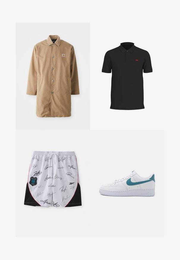Abrigo largo beige hecho de un tejido duradero, con un cuello de pana, botones a presión de metal y dos bolsillos laterales. Parche del logo de Carhartt en el pecho.; Camiseta polo negra con un cuello de dos botones, mangas cortas y un pequeño logotipo rojo en el lado izquierdo del pecho. Hecha de un tejido suave.; Pantalones cortos blancos con acentos negros y ribete rojo, con múltiples firmas en negro. Incluye un logo de Botter Antwerp en el lado izquierdo.; Nike Sportswear AIR FORCE 1 '07 LOW ESSENTIAL - Zapatillas - white/smokey blue