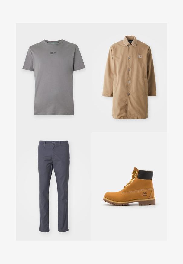 Abrigo largo beige hecho de un tejido duradero, con un cuello de pana, botones a presión de metal y dos bolsillos laterales. Parche del logo de Carhartt en el pecho.; Camiseta de color gris claro hecha de algodón, con mangas cortas y cuello redondo. "REPLAY" está bordado en negro en el pecho.; Chinos gris oscuro fabricados con una mezcla de algodón. Presentan un cierre de botón y cremallera, trabillas para el cinturón y un diseño de pierna recta.; Botín de cuero marrón con ojales de metal, forro de piel sintética blanca, cuello acolchado negro, suela resistente y logotipo en relieve en el costado.