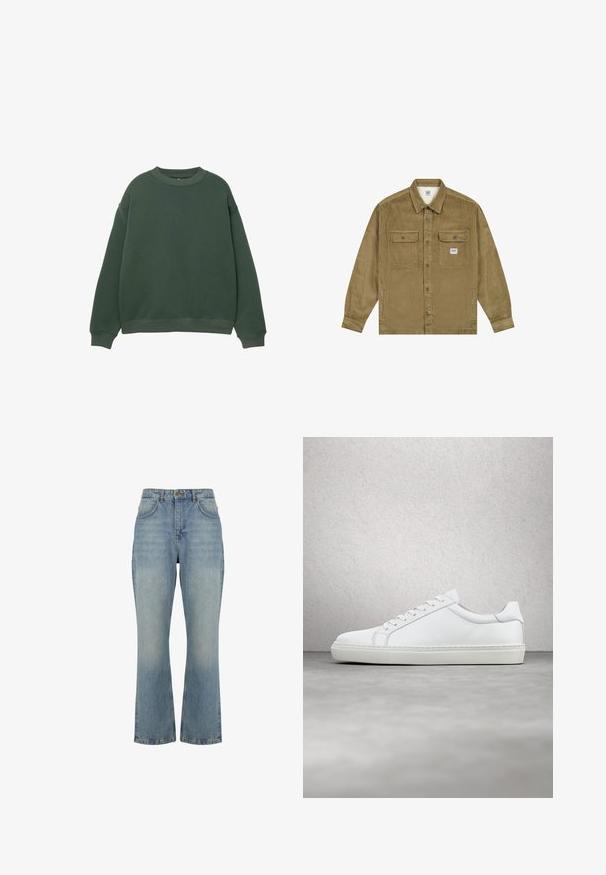 Lee WORKWEAR - Spijkerjas - dark khaki; Donkergroen sweatshirt met een ronde hals, lange mouwen en geribde boorden. Gemaakt van een zachte, gestructureerde stof met een relaxte pasvorm.; Lichtblauwe denim spijkerbroek met hoge taille, rechte pijpen, knoopsluiting aan de voorkant, riemlussen en twee voorzakken.; Witte sneaker met een gladlederen bovenwerk en een laag profiel. Voorzien van een ronde neus, zes vetergaatjes en een gestructureerde rubberen zool.
