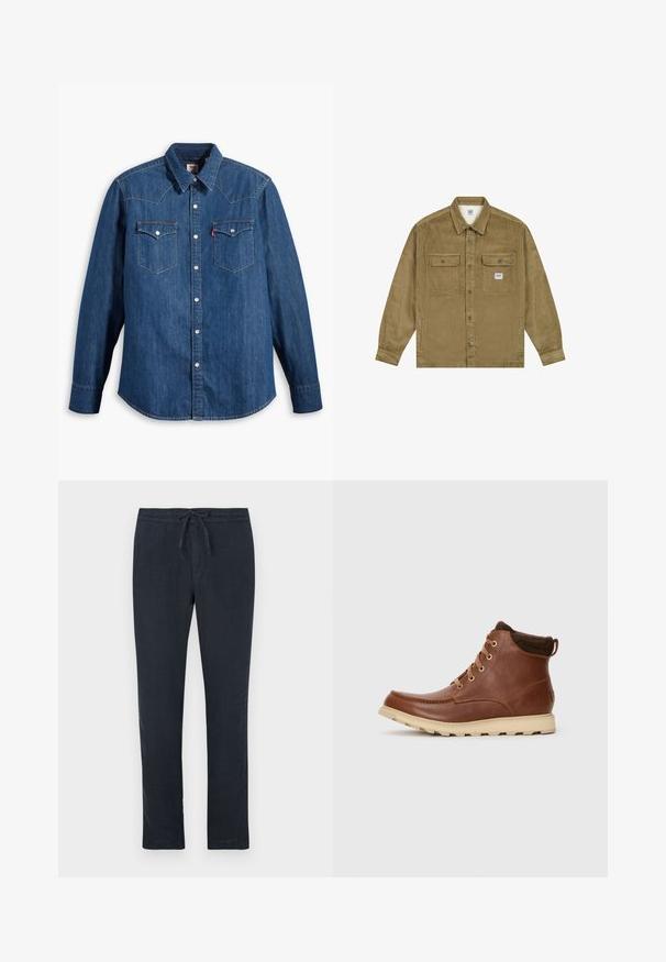 Lee WORKWEAR OVERSHIRT - Jeansjacke - dark khaki; Dunkelblaue Jeanshemd mit langen Ärmeln, spitzem Kragen und Druckknöpfen. Verfügt über zwei Brusttaschen mit Klappen und kontrastierenden Nähten.; Dunkelmarineblaue Leinenhose mit Kordelzugbund, geradem Bein und minimaler Textur. Keine sichtbaren Muster oder Hardwaredetails.; Braune Leder-Schnürstiefel mit beiger Sohle und gepolsterter Kragen, entworfen für wasserdichten Einsatz.