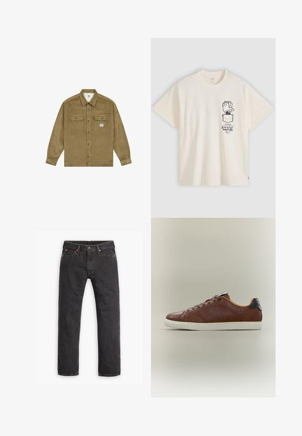 Lee WORKWEAR OVERSHIRT - Spijkerjas - dark khaki; Off-white T-shirt met zwart cartoonhandje dat boven een zakje klapt en gestileerde tekst daaronder op de linkerborst.; Zwarte denim jeans met rechte pijpen, vijf zakken, knoopsluiting en koperen klinknagels, plat gelegd op een witte achtergrond.; Lage bruine leren sneaker met witte rubberen zool, ronde neus, veters aan de voorkant en een zwart hielstuk op een neutrale achtergrond.