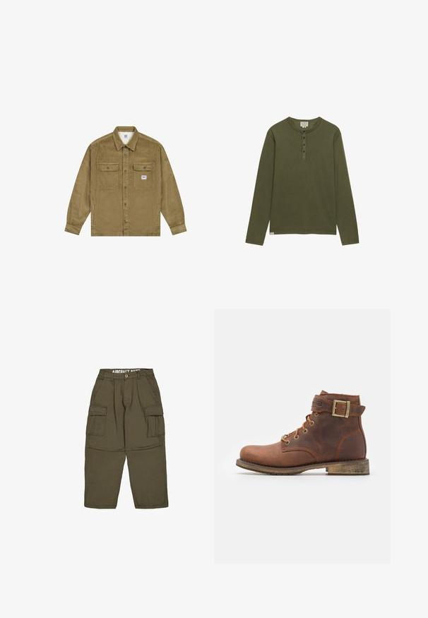 Lee WORKWEAR - Cowboyjakker - dark khaki; Langærmet olivengrøn henleytrøje med fire sorte knapper og rund halsudskæring, vist på hvid baggrund.; Olivengrønne cargobukser med knap- og lynlåslukning, bæltestropper og to store klaplommer på lårene.; Harley Davidson VNTGMOTO SHORT RIDING APPROVED - Cowboy- / bikerstøvlette - brown