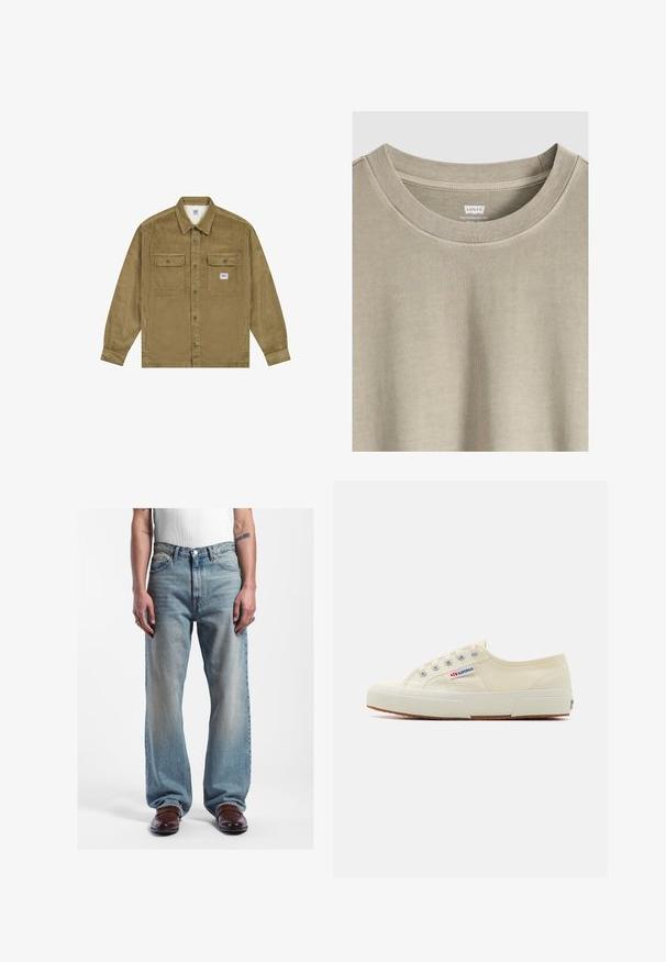 Lee WORKWEAR - Spijkerjas - dark khaki; Beige Levi's T-shirt met ronde hals, zichtbare kraagstiksels en een bedrukt label aan de binnenkant van de hals.; Lichtblauwe, high-waisted jeans van denim, met een rechte pijp en vervaagde textuur. Draagt met bruine schoenen en een witte tanktop.; Beige canvas sneaker met een laag profiel, metalen oogjes en rubberen zool. Beschikt over een textuurpatroon en logodetail aan de zijkant.