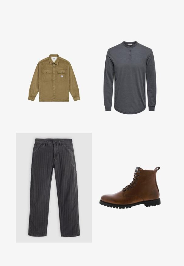 Lee WORKWEAR - Cowboyjakker - dark khaki; Langærmet, grå henley trøje lavet af blødt stof med afrundet kant, tre-knaps åbning og ribstrikkede manchetter.; Sortstribede bukser lavet af bomuldsblandingsstof. Har et lige ben-design, sidelommer og en knaplukning.; Brune læder ankelstøvler med tekstureret overflade, metaløjer og sort gummisål. Har en træktab bagpå for nem påtagning.