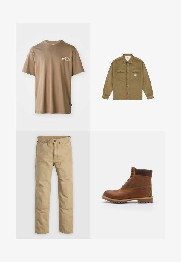 Lee WORKWEAR - Cowboyjakker - dark khaki; Brun bomulds T-shirt med rund hals, korte ærmer og et hvidt logo med teksten "Dickies Workwear" på venstre brystområde.; Khaki arbejdsbukser lavet af robust bomuld, med lige ben, forstærkede knæpaneler og flere lommer foran.; Brun læder vandrestøvle med en glat finish, polstret ankel, metalliske snørehuller og en gummisål med et robust dækmønster.