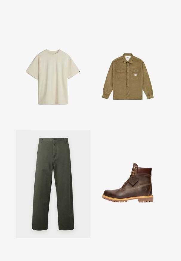 Lee WORKWEAR - Chaqueta vaquera - dark khaki; Camiseta de algodón beige con mangas cortas, escote redondo y un pequeño logo blanco en el pecho. Textura suave y un corte relajado.; Pantalones de algodón verdes con un diseño de pierna recta, cierre frontal de botón y bolsillos laterales. Textura suave, estilo simple y sin patrones visibles.; Botín de cuero marrón hasta el tobillo con punta redonda, suela resistente, herrajes en tono dorado y parte superior texturizada. Incluye una etiqueta con el logo adjunta.