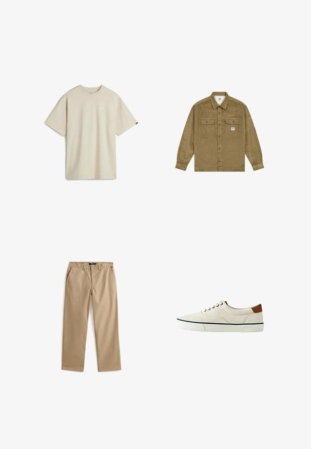 Lee WORKWEAR - Spijkerjas - dark khaki; Beige katoenen T-shirt met korte mouwen, een ronde hals en een klein wit logo op de borst. Soepele textuur met een ontspannen pasvorm.; Beige rechte broek met knoop- en ritssluiting, ceintuurlussen en zijzakken, plat liggend op een witte achtergrond.; Beige lage sneaker van canvas met een witte rubberen zool, witte veters, marineblauwe streepdetails en een bruine suède hielstuk, zijaanzicht op een witte achtergrond.