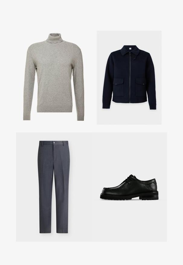 Dark navy blue jacket with front zipper, two flap pockets with snap buttons, and a collar with an adjustable strap.; Gray pullover sweater with a high neck and long sleeves. Made from a smooth, soft material with a fitted design and ribbed accents at the hem.; Dark gray tailored dress pants with a button and zip closure, belt loops, and a straight leg fit against a white background.; Black leather lace-up shoe with thick rubber sole and moc toe stitching, shown from left side on plain light background.