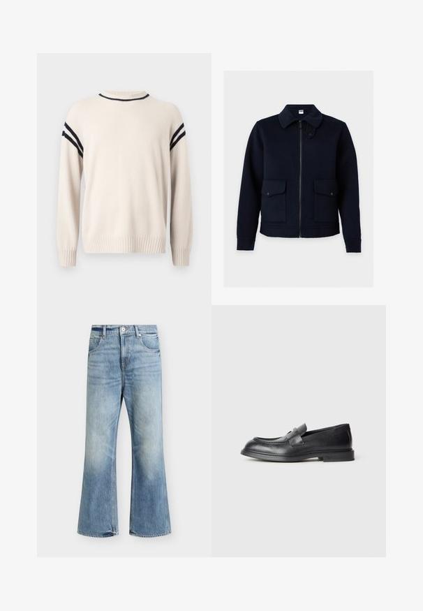 Veste bleu marine foncé avec fermeture éclair sur le devant, deux poches à rabat avec pressions et un col avec une sangle réglable.; Pull beige clair en matière douce, avec un col rond, des poignets côtelés et des rayures noires le long des épaules pour les détails.; Jean bleu clair taille haute jambe large, fermeture devant par bouton et zip, deux poches avant et délavage subtil sur les cuisses et les genoux.; Mocassins en cuir noir avec une finition texturée, dotés d'une bride décorative à l'avant et d'un bout arrondi. Semelle en caoutchouc pour plus de durabilité.