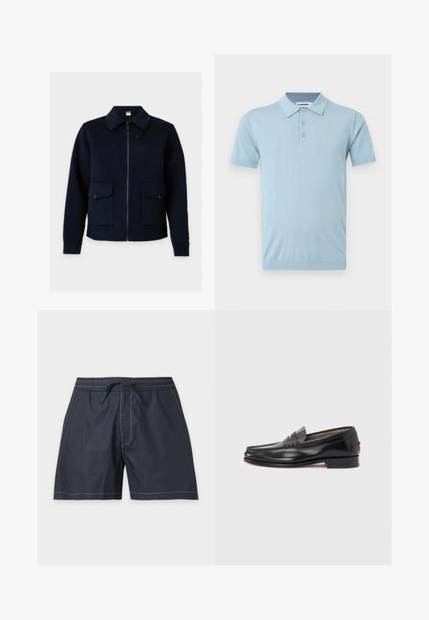 Veste bleu marine foncé avec fermeture éclair sur le devant, deux poches à rabat avec pressions et un col avec une sangle réglable.; Polo bleu clair à manches courtes avec trois boutons et col, arborant une broderie discrète du logo sur la poitrine gauche.; Short de bain bleu marine avec coutures blanches, taille élastique, poches latérales et fermeture à nouer sur le devant.; Mocassins en cuir noir avec un design de style mocassin, présentant une bande décorative et un détail de couture sur le dessus. Talon bloc bas.