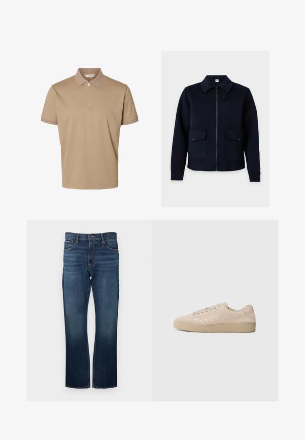Veste bleu marine foncé avec fermeture éclair sur le devant, deux poches à rabat avec pressions et un col avec une sangle réglable.; Polo beige à manches courtes avec col et poignets texturés, fermeture éclair devant sur la moitié et une étiquette « Selected » à l'intérieur du col.; Jean en denim bleu foncé avec une coupe droite, présentant des coutures visibles et une ceinture standard avec une fermeture à bouton en métal.; Baskets en daim beige avec un bout rond, des lacets plats et une semelle en caoutchouc texturé. Design minimaliste avec des bords lisses et des coutures discrètes.