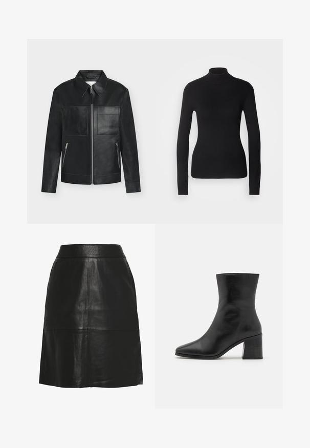 Veste en cuir noire avec deux poches plaquées à l'avant, deux poches latérales zippées, fermeture éclair et col pointu sur fond blanc.; Pull à col roulé noir en maille légère. Il possède des manches longues, une coupe ajustée et une texture côtelée douce.; Jupe trapèze en similicuir noir avec taille haute et coutures apparentes à l'avant et près de l'ourlet.; Bottines en cuir noir, bout pointu, texture lisse, talon bloc de hauteur intermédiaire, design minimaliste et finitions cousues le long du col.