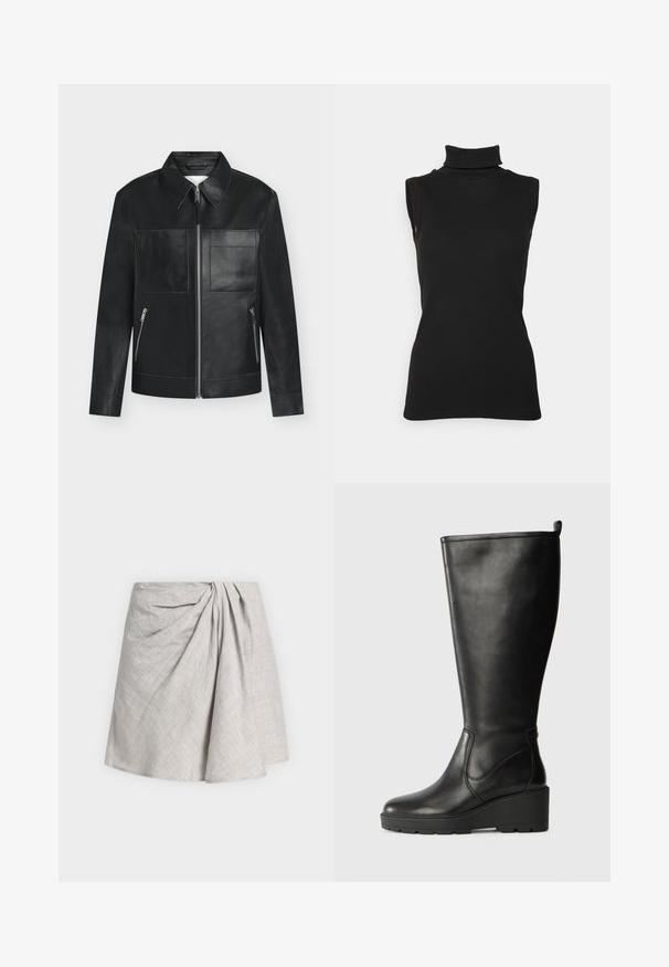 Zwarte leren jas met twee opgestikte voorzakken, twee zijzakken met rits, ritssluiting en een puntige kraag op een witte achtergrond.; Zwarte mouwloze turtleneck top van ribstof, met een hoge hals en een getailleerde pasvorm. Gladde textuur met minimale details.; Lichtgrijze knie-lange rok met gedrapeerde plooien en subtiele kruistekstuur, afgebeeld op een effen witte achtergrond.; Zwarte leren kniehoge laars met een wigzool, gladde textuur, naadloos ontwerp en een klein aantreklusje bovenaan voor makkelijk aan- en uittrekken.