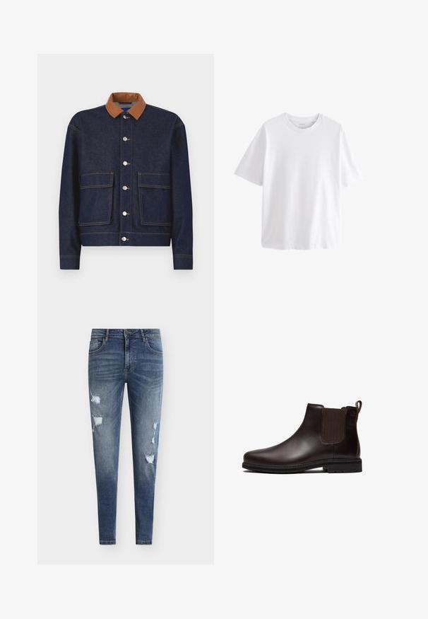 Chaqueta de mezclilla con un collar de cuero sintético marrón, botones a presión plateados y dos bolsillos frontales. Tejido azul oscuro con costuras de contraste.; Camiseta blanca lisa de manga corta y cuello redondo con un ajuste relajado sobre un fondo blanco.; Vaqueros de mezclilla azul de corte ajustado con detalles desgastados, múltiples rasgaduras y un lavado desvanecido. Cuenta con un diseño de cinco bolsillos y trabillas para cinturón.; Botín Chelsea de cuero marrón oscuro con panel lateral elástico, lengüeta en el talón y suela de goma negra, mostrado de perfil.