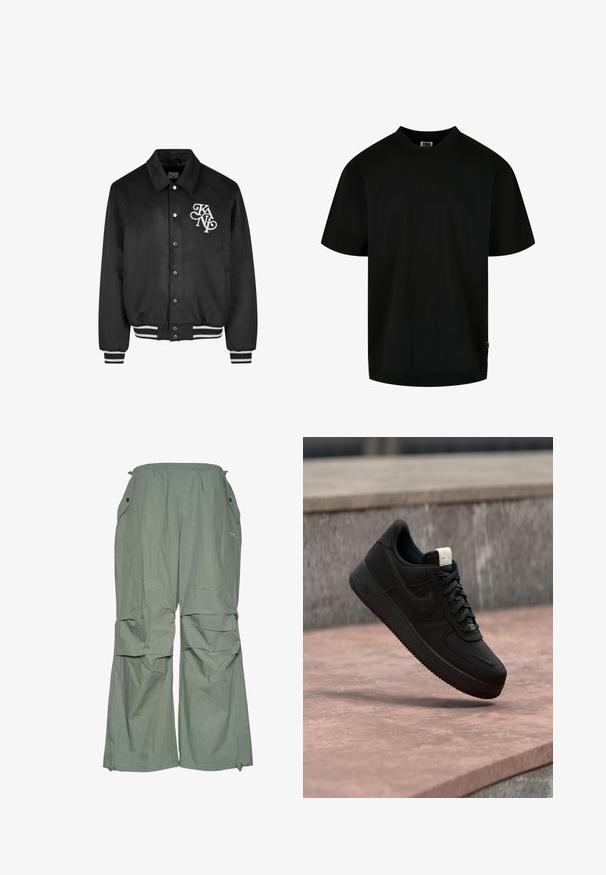 Sort varsity-jakke med trykknapper, hvidt logo på venstre bryst og sort-hvide stribede manchetter og talje.; Sort T-shirt lavet af bomuld, med rund halsudskæring og korte ærmer i en løs pasform. Enkel design, uden mønstre eller grafik.; Lys grønne, løstsiddende cargo-bukser med snoretræk i taljen, sidelommer og brede ben. Fremstillet af letvægtsstof med en rynket tekstur.; Sort Nike Air Force 1 sneaker, der svæver over en lyserød betonforkant med en grå stenet baggrund, som viser sidde- og topdetaljer.