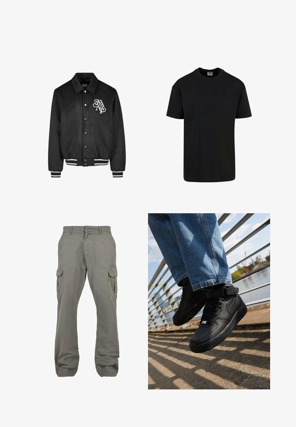 Zwarte varsity-stijl jas met drukknoopsluiting, witte logo op de linkerborst en zwart-witte gestreepte manchetten en tailleband.; Urban Classics SHORTSLEEVE - T-shirt basic - black; Lichtgrijze cargobroek van katoen, met twee zijzakken, twee cargozakken, een rechte pijp en een ritssluiting.; Zwarte Nike Air Force 1 sneakers met leren bovenkant, mesh tong en rubberen zool, met een high-top ontwerp en dikke veters.