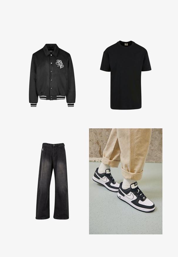 Schwarze Collegejacke im Stil mit Druckknöpfen, weißem Logo auf der linken Brust und schwarz-weißen gestreiften Bündchen sowie Saum.; Urban Classics SHORTSLEEVE - T-Shirt basic - black; Schwarze, weit geschnittene Jeans mit verblasstem Finish, mit Knopfverschluss, fünf Taschen und einem markierten Patch auf der vorderen linken Seite.; Schwarz-weiße Nike Air Force 1 Sneaker mit einem Obermaterial aus Leder, perforierter Zehenpartie und strukturiertem Sohlendesign, getragen mit aufgerollten beigen Hosen und weißen Socken.