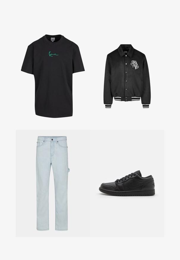 Zwarte varsity-stijl jas met drukknoopsluiting, witte logo op de linkerborst en zwart-witte gestreepte manchetten en tailleband.; Zwart katoenen t-shirt met korte mouwen en ronde hals. Bevat een groene "Kanye" handtekening graphic aan de voorkant. Effen achterkant en relaxed fit.; Lichtblauwe denim jeans met rechte snit, voorzien van een knoopsluiting, vijf zakken en een zijlusdetail voor extra functionaliteit.; Zwarte leren lage sneakers met geperforeerde neus, platte veters, gevoerde kraag en een gestructureerde buitenzool. Voorzien van een subtiele logo op de hiel.