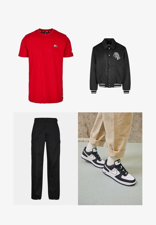 Chaqueta negra de estilo varsity con botones a presión, logo blanco en el lado izquierdo del pecho y puños y cinturilla a rayas en blanco y negro.; Camisa de algodón roja con cuello redondo, mangas cortas y un pequeño logo negro en el lado izquierdo del pecho y en la manga. Tejido de color sólido y suave.; Pantalones cargo negros con corte recto, con bolsillos laterales, cierre de botón y puños elásticos en los tobillos. Fabricados con material resistente.; Zapatillas Nike Air Force 1 en blanco y negro con parte superior de cuero, puntera perforada y detalle de suela texturizada, combinadas con pantalones beiges remangados y calcetines blancos.