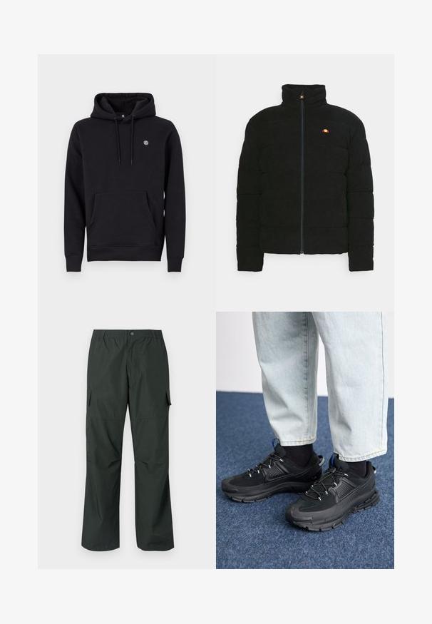 Sort polstret jakke med høj krave, forsynet med lynlås foran og et lille flerfarvet logo på brystet. Tekstureret stof og struktureret pasform.; Sort hætte sweatshirt lavet af en bomuldsblanding. Har en front kangaroo lomme, ribbede manchetter og et lille logo på brystet.; Mørkegrøn cargo bukser med en afslappet pasform, elastisk talje, sydde lommer og en glat, let stofstruktur.; Sorte træningssko med tekstureret stof og gummisåler, udstyret med elastiske snørebånd og en blå detalje på hælen. Bæres med lyse denimbukser.