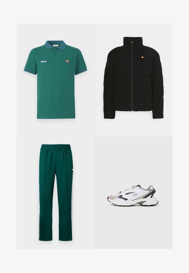 Schwarze gepolsterte Jacke mit hohem Kragen, ausgestattet mit einem Reißverschluss und kleinem mehrfarbigem Logo auf der Brust. Strukturiertes Material und taillierte Passform.; Grünes Polohemd aus Baumwolle mit einem kontrastierenden blauen Kragen und Bündchen. Verfügt über ein gesticktes Logo und ein kleines farbenfrohes Design auf der Brust.; Grüne Sporthose mit einem elastischen Bund, ausgestattet mit weißen Seitestreifen und einem geraden Beinschnitt. Glatte Textur, moderne Passform.; Weißer Sportschuh mit silbernen und schwarzen Akzenten, Obermaterial aus Netzstoff, strukturierte Sohle und ein schlankes Design mit einem Logo an der Seite.