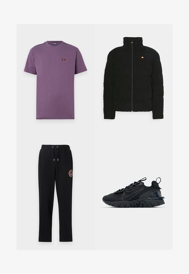 Chaqueta acolchada negra con cuello alto, presenta un cierre de cremallera en la parte delantera y un pequeño logo multicolor en el pecho. Tejido texturizado y ajuste estructurado.; Camiseta de algodón morada con cuello redondo y mangas cortas. Presenta un pequeño logo bordado en el pecho y una textura lisa.; Pantalones de chándal negros con cintura elástica y cordón, dos bolsillos laterales y un detalle de logo bordado en el muslo izquierdo. Tejido suave y elástico.; Zapato deportivo negro con una parte superior de malla transpirable, acentos texturizados y una suela de goma ondulada. Presenta un logotipo reflectante y un sistema de cordones.