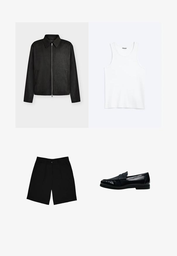Veste noire zippée avec col pointu, manches longues et deux poches latérales, présentée sur un fond clair uni.; Débardeur blanc sans manches avec col rond et étiquette de la marque Weekday à l'intérieur du col arrière, présenté à plat sur un fond clair.; Shorts noirs en tissu à texture lisse, dotés d'une fermeture à bouton à l'avant, de deux poches latérales et d'un design plissé.; Mocassin penny loafer pour homme en cuir noir avec bout moc cousu et petit talon, présenté de profil sur fond blanc.