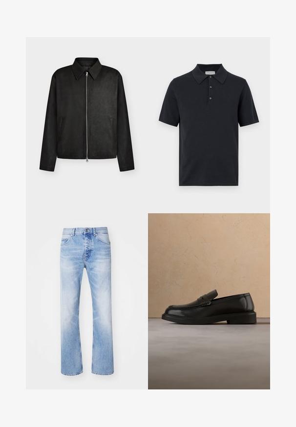 Sort lynlåstrøje med spids krave, lange ærmer og to sidelommer, vist på en ensfarvet lys baggrund.; Sort kortærmet polo t-shirt med tre knapper og en spids krave, vist mod en ensfarvet hvid baggrund.; Lyseblå denim jeans med et lige ben-design, der har en klassisk fem-lommer stil og et subtilt falmet mønster.; Sort læderloafer svæver over et beige flettet tæppe med et rundt træbord og en sofa i baggrunden.