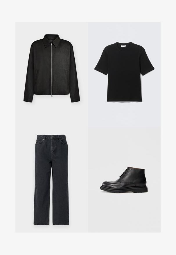 Schwarze Reißverschlussjacke mit spitzem Kragen, langen Ärmeln und zwei Seitentaschen, gezeigt auf einem einfarbigen hellen Hintergrund.; Schwarzes T-Shirt mit kurzen Ärmeln und Rundhalsausschnitt, mit einem "WEEKDAY"-Etikett innen am Kragen, flach auf einem hellen Hintergrund liegend dargestellt.; Dunkelblaue Denim-Hosen mit weitem Bein, Fünf-Taschen-Design und Knopfverschluss. Enthält Hardware in kupferfarbener Ausführung und eine subtile Textur.; Schwarze Leder-Stiefelette mit Schnürverschluss, runder Spitze und dicker Gummisohle vor einem schlichten weißen Hintergrund.
