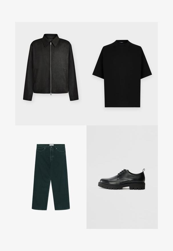 Zwarte jas met rits, met puntige kraag, lange mouwen en twee zijzakken, getoond tegen een effen lichte achtergrond.; Zwart T-shirt met korte mouwen en ronde hals, losse pasvorm, op een effen witte achtergrond.; Donkergroene spijkerbroek met wijdere pijpen, voorzien van een knoop- en ritsclosure, voorzakken en riemlussen, plat gelegd op een witte achtergrond.; Zwarte lederen schoen met een ronde neus, voorzien van een vetersluiting, stevige zwarte rubberen zool en een klein hieltabje aan de achterkant.