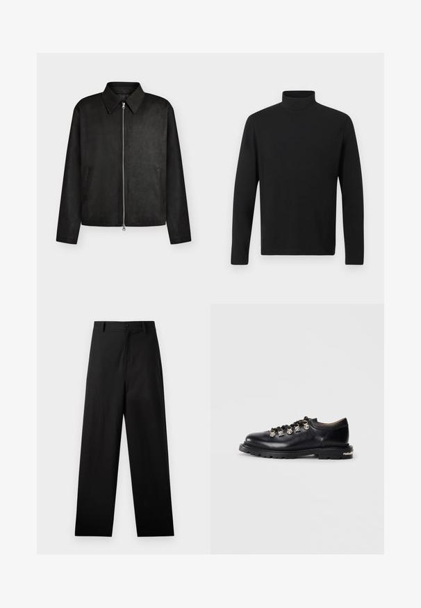 Sort lynlåstrøje med spids krave, lange ærmer og to sidelommer, vist på en ensfarvet lys baggrund.; Sort turtleneck skjorte lavet af glat stof. Har lange ærmer og en høj krave. Enkel design uden yderligere mønstre eller accenter.; Sorte bukser lavet af bomuld med lige ben-design, der har en frontknaplukning og sidelommer. Glat tekstur, ingen mønstre.; Sorte læder lavskårne sko med tyk sål, metaløjer, dekorative sølv charms på snørebåndene, og tekstureret mønster på sålen.