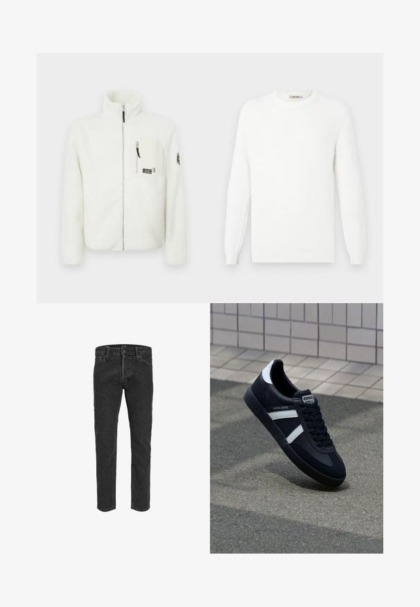 Hvid fleecejakke med høj krave, lynlås foran og en brystlomme. Har en blød tekstur og en logo-patch på ærmet.; Hvid strikket sweater med rund halsudskæring og ribbede ærmeender. Teksturen har en subtil mønstring med horisontale striber.; Sorte denimbukser med lige ben, fem lommer og bæltestropper, der har en let falmet tekstur og kontraststing. ; Sort lædersneaker med hvide striber, tekstureret gummisål og snørrebånd foran. Har et brandet mærke på tungen.