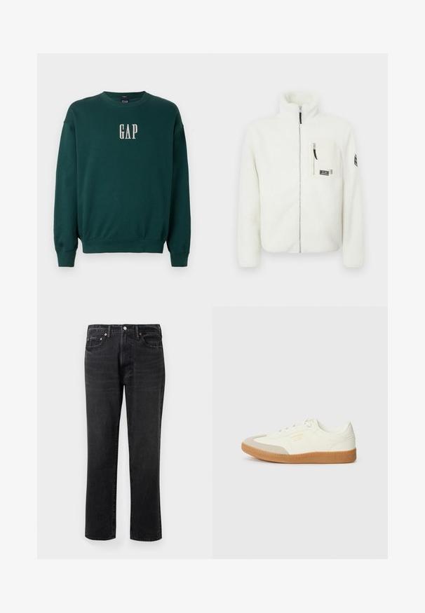 Witte fleece jack met hoge kraag, ritssluiting aan de voorkant en een borstzak. Heeft een zachte textuur en een logo-opdruk op de mouw.; Groene sweatshirt met lange mouwen, voorzien van geribbelde manchetten en tailleband, met een witte geborduurde "GAP"-logo op de borst. Zachte stofstructuur.; Zwarte denim jeans met een rechte pijp, voorzien van een knoop- en ritssluiting, vijf zakken en koperen hardwareaccenten.; Schoen gemaakt van wit leer met een beige teenkap en een lichtbruine rubberen zool. Voorzien van platte witte veters en reliëfbranding aan de zijkant.
