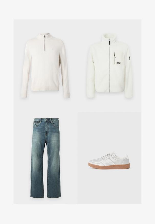 Veste en polaire blanche avec un col montant, une fermeture éclair à l'avant et une poche poitrine. Elle présente une texture douce et un patch logo sur la manche.; Pull-over beige clair avec col zippé, poignets et ourlet côtelés, fabriqué en tissu doux, comportant un petit logo sur la poitrine.; Jeans en denim bleu clair avec une coupe droite, un léger délavage, cinq poches et des passants de ceinture. Comprend des accents de couture et une fermeture à bouton.; Baskets argentées avec une texture lisse, un design à lacets, des accents perforés et une semelle en caoutchouc marron texturé.