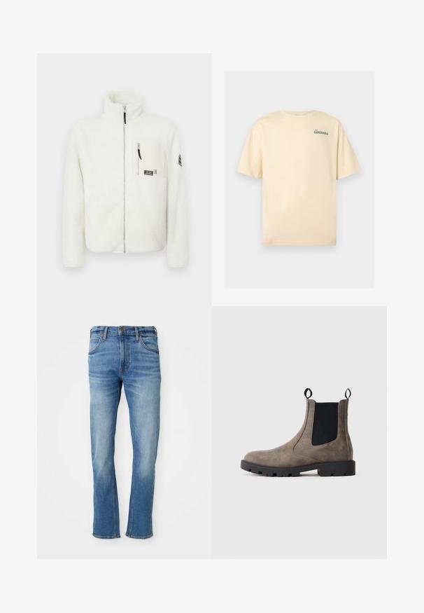 Chaqueta de forro polar blanca con cuello alto, cierre de cremallera en la parte delantera y un bolsillo en el pecho. Presenta una textura suave y un parche con el logo en la manga.; Camiseta beige de manga corta con pequeño texto verde "Holy GUACAMOLE" en la parte superior izquierda del pecho.; Jeans de mezclilla de color azul claro con corte recto, que presentan un diseño clásico de cinco bolsillos, un sutil desgaste en la tela y detalles de costura en contraste.; Botas Chelsea de ante marrón con paneles elásticos negros a los lados, lengüetas para tirar y suela de goma negra gruesa sobre un fondo blanco liso.