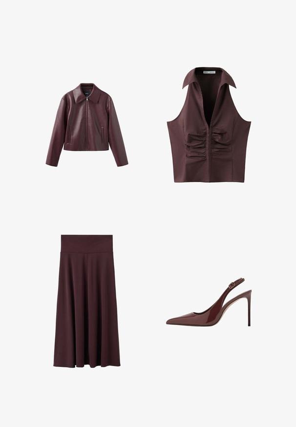 Veste en similicuir bordeaux foncé avec un large col, une fermeture éclair à l'avant, des manches longues et deux poches verticales sur le devant.; Blouse sans manches marron foncé avec un décolleté en V profond, un large col et un détail froncé au centre devant.; Jupe midi bordeaux en tissu doux avec une large ceinture élastique. Présente une coupe fluide qui se resserre légèrement vers l'ourlet.; Escarpin à talon aiguille en cuir verni marron foncé, à bout pointu, avec une bride réglable et une fine semelle.