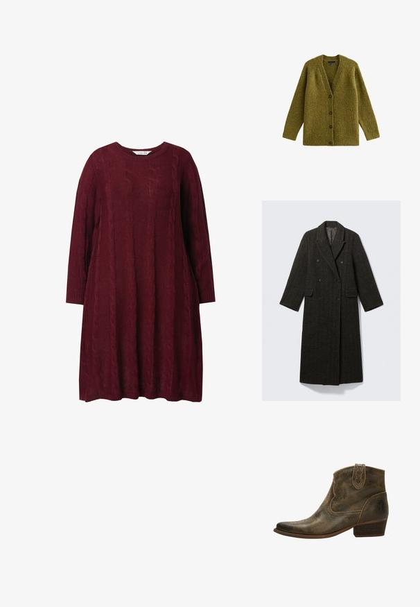 Mørk uldfrakke med fiskebensmønster og dobbeltspændt design, store reverser og to forlommer. Lang, lige snit.; Olivengrøn cardigan lavet af tekstureret stof, med V-hals, lange ærmer og fem brune knapper foran.; Bordeaux strikket kjole med rund halsudskæring, lange ærmer og kabelstrik mønster. Løs pasform med ribbestrikkede manchetter og kant.; Brun læder ankelstøvle med spids tå, dekorativ syning og en lav hæl. Har en subtil, tekstureret overflade og en trækflap.