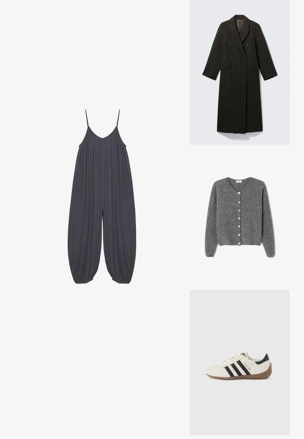 Dunkler Wollmantel mit Fischgrätmuster, doppelreihigem Design, großen Revers und zwei Fronttaschen. Langer, gerader Schnitt.; Lockerer, ärmelloser dunkelgrauer Jumpsuit mit dünnen Schulterträgern, weit gerafften Beinen und entspannter Passform aus leichtem Stoff.; Grau gestrickte Wolle-Cardigan mit rundem Ausschnitt, ausgestattet mit sieben Vorderknöpfen und einer weichen, strukturierten Oberfläche. Die Ärmel sind leicht weit.; Weißer Adidas-Sneaker mit schwarzen Streifen, brauner strukturierter Sohle und goldener Aufschrift "SPEZIAL" an der Seite, von der Außenseite betrachtet.