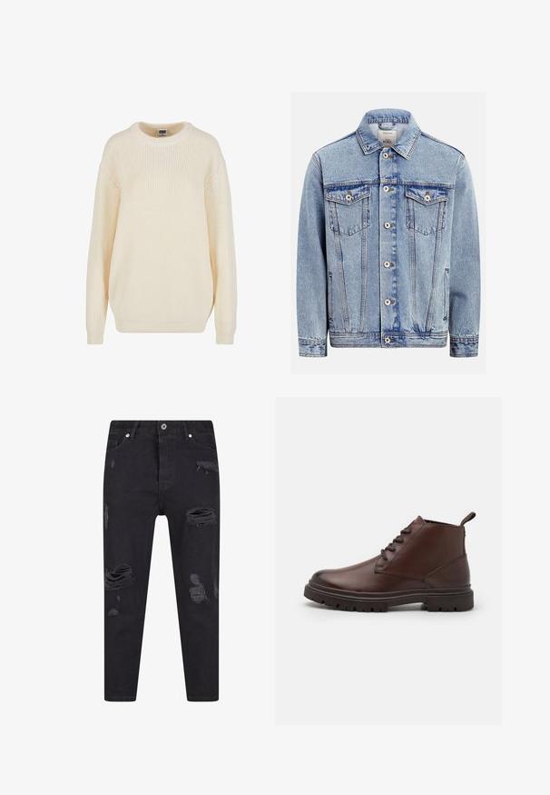 Veste en jean bleu clair avec fermeture à boutons sur le devant, deux poches poitrine à rabat avec boutons, poches latérales et col classique.; Pull en maille côtelée couleur crème avec un col rond, des épaules tombantes et une coupe décontractée ; il possède un tricot texturé et des poignets côtelés.; Jean en denim noir à coupe slim, présentant plusieurs zones usées et des bords effilochés. Taille avec passants de ceinture et poches avant.; Zign Bottines à lacets - dark brown