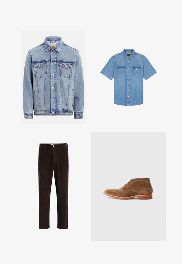 Veste en jean bleu clair avec fermeture à boutons sur le devant, deux poches poitrine à rabat avec boutons, poches latérales et col classique.; Chemise en denim bleu clair à manches courtes, avec fermeture à boutons sur le devant, deux poches poitrine à rabats et détail "W" cousu sur les poches.; Redefined Rebel JOHN COMFORT FIT - Pantalon classique - demitasse; Bottines en daim marron avec un bout arrondi, six œillets pour les lacets et une semelle en bois lisse. Design léger avec des détails de couture subtils.
