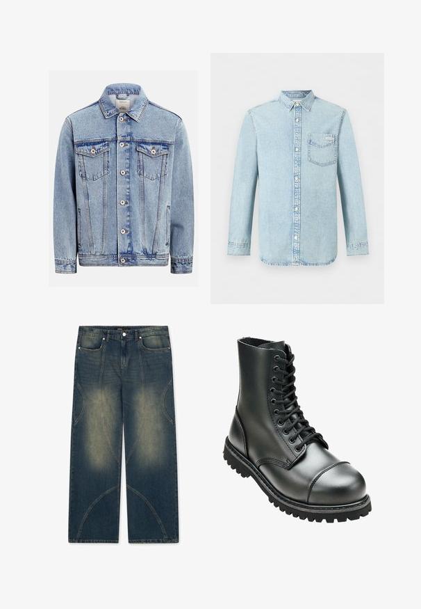 Veste en jean bleu clair avec fermeture à boutons sur le devant, deux poches poitrine à rabat avec boutons, poches latérales et col classique.; Chemise en denim bleu clair à manches longues, fermeture boutonnée devant, une poche poitrine simple avec le logo Calvin Klein, et un col pointu.; FAVELA DOUBLE LAYER - Jean large - dark blue; Botte de combat en cuir noir avec une tige haute, bout rond, laçage sur le devant et semelle en caoutchouc robuste avec un profil de crantage profond pour une meilleure adhérence.