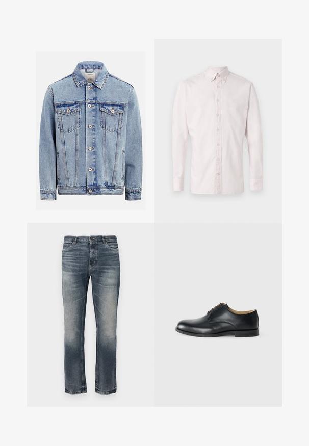 Lyseblå denimjakke med knaplukning foran, to brystlommer med klappe og knapper, sidelommer og en klassisk krave.; Lyserød langærmet skjorte med knap-ned krave, frontknaplukning og subtil tekstur. Har et lille logo over brystet.; Blå denim jeans med lige ben. Lysbehandlede områder, klassisk fem-lomme design og en enkelt metalknaplukning i taljen.; Calvin Klein ESS DERBY - Snøresko - triple black