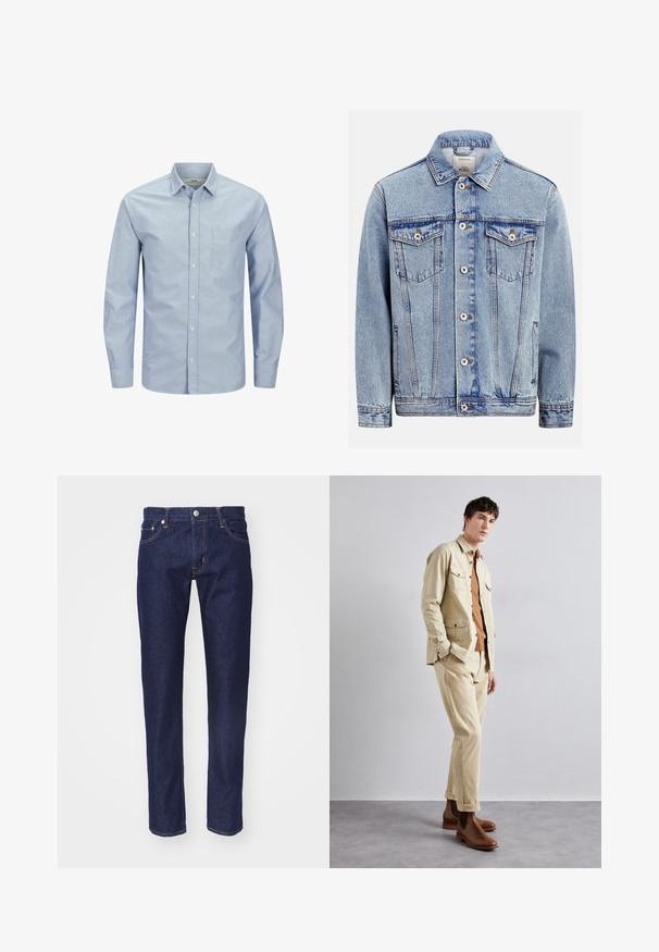 Hellblaue Jeansjacke mit durchgehendem Knopfverschluss vorne, zwei Brusttaschen mit Klappen und Knöpfen, Seitentaschen und klassischem Kragen.; Helles blaues Langarmhemd mit Knopfleiste und einer Tasche auf der linken Brustseite. Aus weichem Stoff mit glatter Textur und dezentem Logo-Detail gefertigt.; Marineblaue Denim-Jeans mit geradem Schnitt, fünf Taschen, kontrastierendem orangenem Nahtdesign und einem silbernen Knopfverschluss an der Taille.; Beige Baumwolljacke mit zwei Brusttaschen über einem braunen Hemd und passenden beigen Hosen. Braune Lederstiefeletten runden das Outfit ab.
