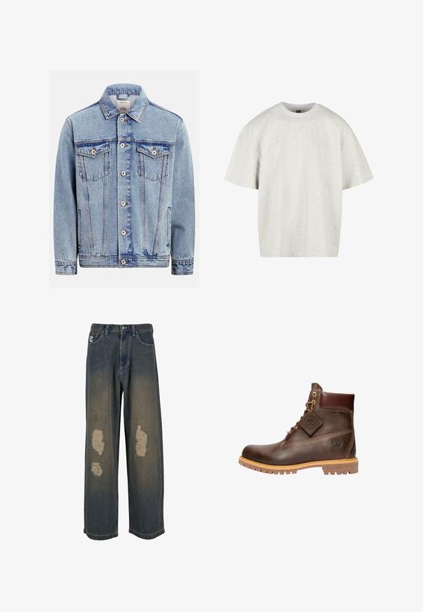 Lyseblå denimjakke med knaplukning foran, to brystlommer med klappe og knapper, sidelommer og en klassisk krave.; Lys grå bomulds t-shirt med korte ærmer, rund hals og en afslappet pasform. Stof overfladen er blød og let struktureret.; Fadede blå denimjeans med bred benvidde, der har slidte lapper og trådsnitsede kanter. Metalknap og lynlås lukning, med forlommer.; Brun læder ankelstøvle med rund tå, solid sål, hardware i guldtone og en tekstureret overdel. Inkluderer et logo-tagfæstet.